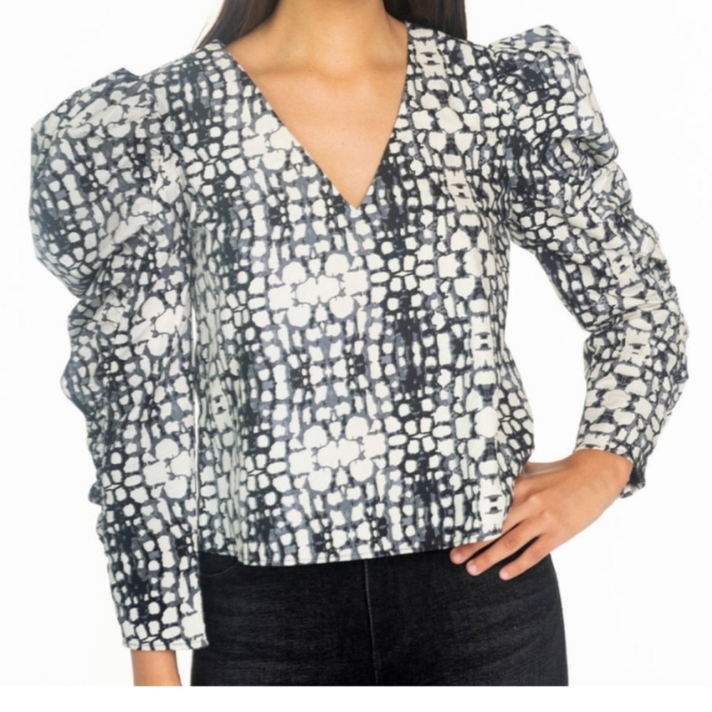 Olivia James Cropped Balloon Sleeves Snakeskin Print Blouse Size Medium